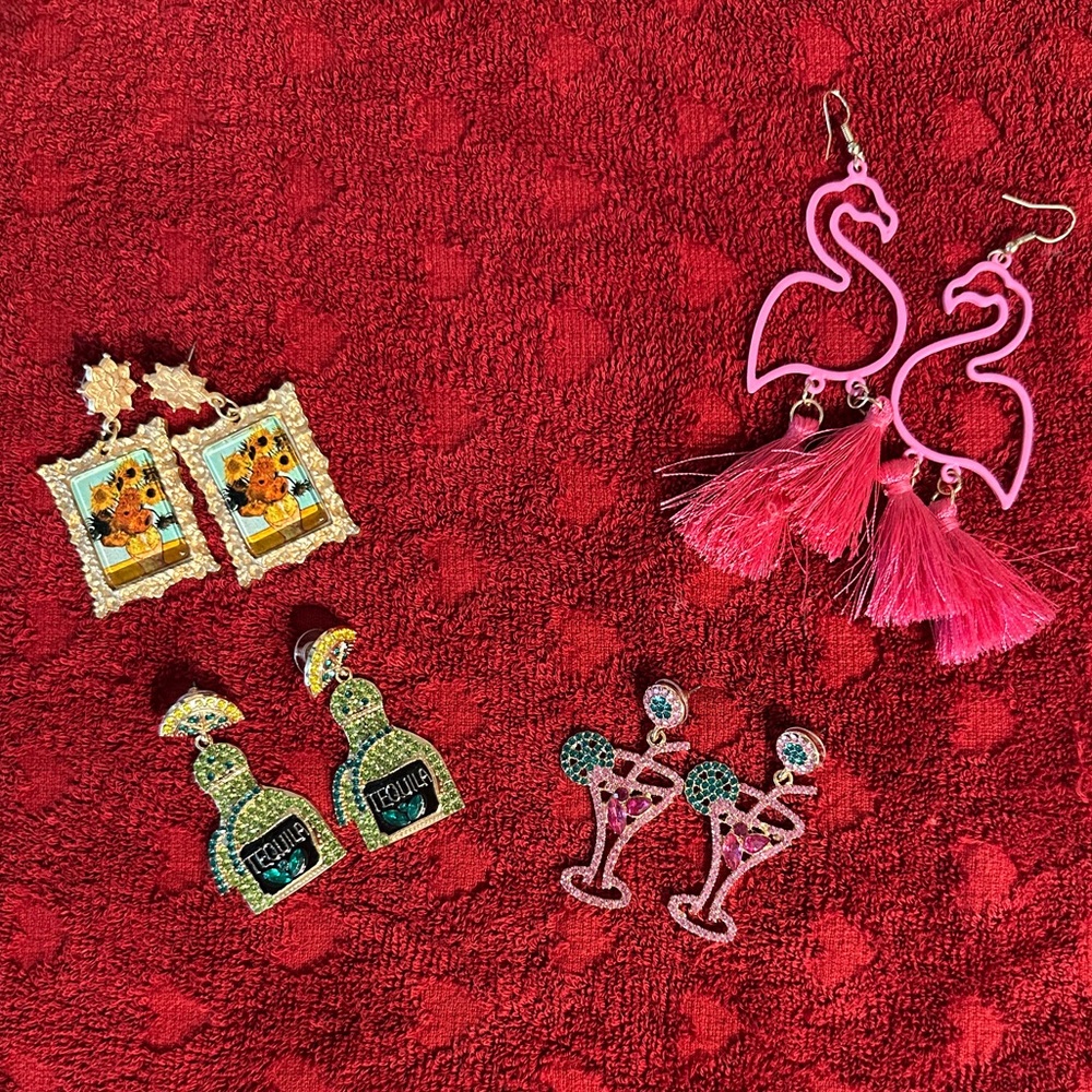 4 pairs of funky earrings. Flamingos, Van Gogh painting, tequila and margaritas